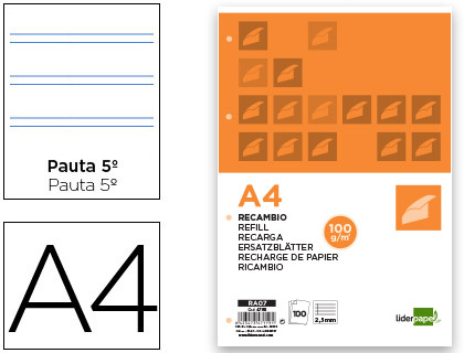 Recambio Liderpapel A4 100h 100g/m² pauta 2,5mm. con margen 4 taladros